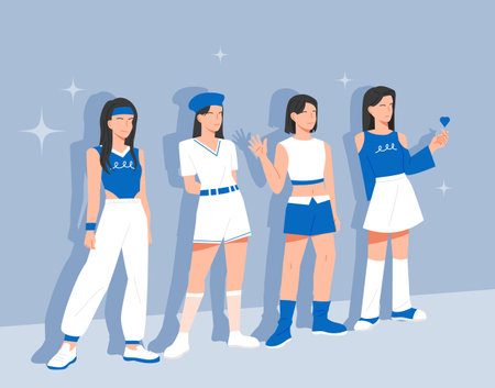 A group of female idols dressed in blue is standing in a cool pose. flat design style vector illustration.のイラスト素材