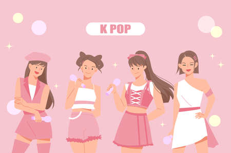 A group of female idols dressed in pink are standing in a lovely pose.のイラスト素材