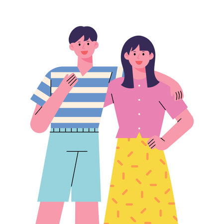 Two friends are standing in a friendly pose and smiling. flat design style vector illustration.のイラスト素材