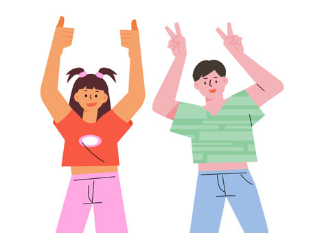 Two cute friends are smiling while doing thumb up and V poses. flat design style vector illustration.のイラスト素材