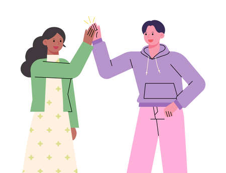 Two friends are high-five. flat design style vector illustration.のイラスト素材