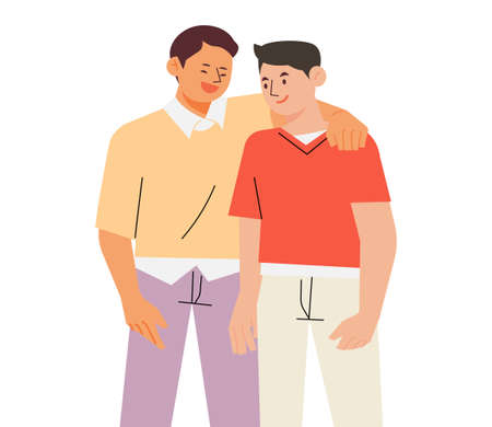 Two men are shoulder-to-shoulder and smiling friendly. flat design style vector illustration.のイラスト素材