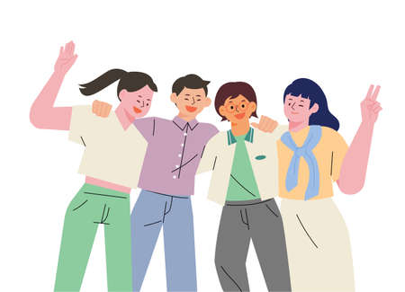 Friends are shoulder-to-shoulder, V poses, and happy expressions. flat design style vector illustration.のイラスト素材