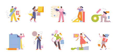 People are holding huge stationery and doing fun activities. flat design style vector illustration.のイラスト素材