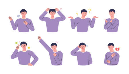 A man in a purple t-shirt. He is making various gestures to express his emotions.のイラスト素材