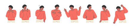 Curly-haired man in a red shirt. He expresses various emotions through gestures and facial expressions.のイラスト素材