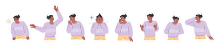 A woman in a purple shirt. He expresses various emotions through gestures and facial expressions.のイラスト素材