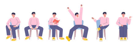 Various postures of a man sitting on a chair. flat design style vector illustration.のイラスト素材