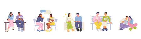 Two people are sitting together and talking. A collection of different sitting postures.のイラスト素材