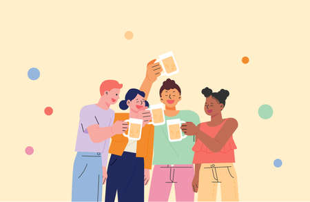Friends get together and have fun drinking beer. flat design style vector illustration.のイラスト素材