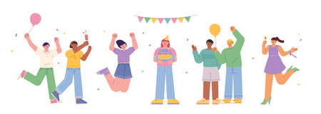 birthday party. The birthday protagonist is holding a cake and friends are celebrating.のイラスト素材