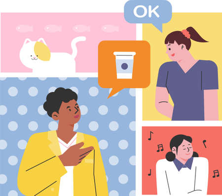 People in each section are talking and listening to music. flat design style vector illustration.のイラスト素材