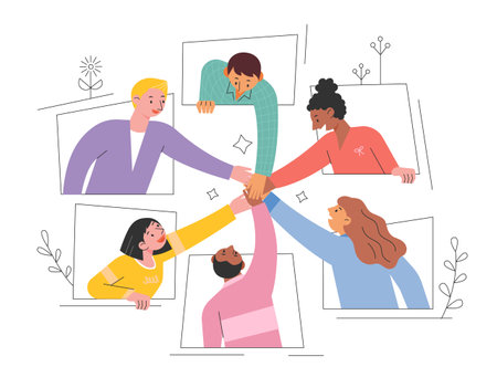 People are putting their hands together. window frame. flat design style vector illustration.のイラスト素材