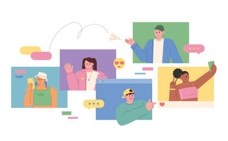 People are communicating online. Sending emoticons or sending messages. flat design style vector illustration.のイラスト素材