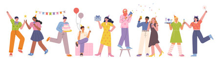 A lot of people are gathering and having a birthday party. flat design style vector illustration.のイラスト素材