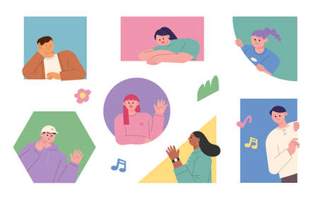 People are sticking out their upper body in various shapes. flat design style vector illustration.のイラスト素材