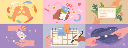 Hands creating different situations. flat design style vector illustration.のイラスト素材