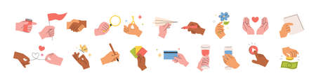 Hands holding various objects, hands expressing something. flat design style vector illustration.のイラスト素材