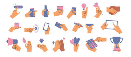 A collection of hands holding something or conveying information. flat design style vector illustration.のイラスト素材