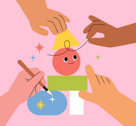 Hands creating cute characters by stacking shape blocks. flat design style vector illustration.のイラスト素材