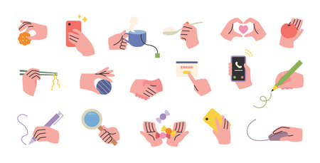 Collection of hand gestures related to various daily life. flat design style vector illustration.のイラスト素材