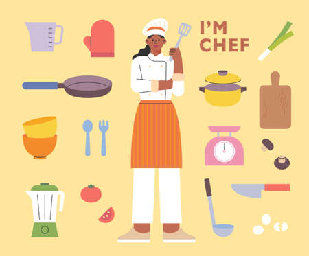 Female Chef Character. Cooking utensils are organized around her. flat design style vector illustration.のイラスト素材