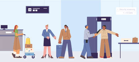Passengers at the airport are scanning at the security checkpoint. flat design style vector illustration.のイラスト素材