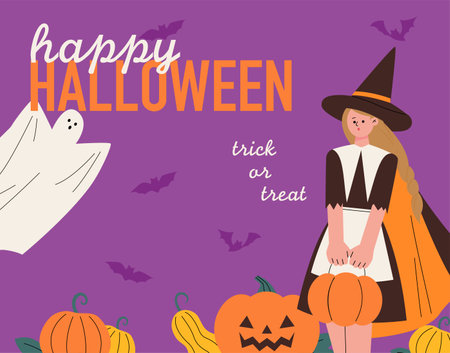 Halloween poster with cute witch holding a basket of pumpkins and flying ghosts. flat design style vector illustration.のイラスト素材