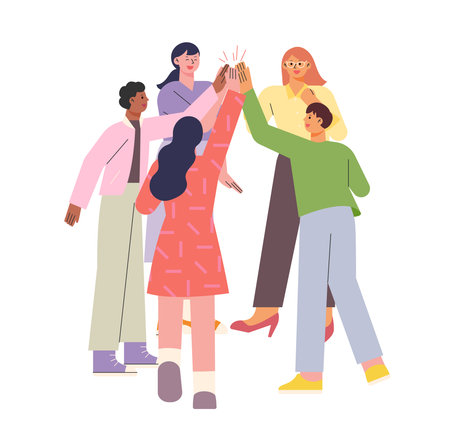 Various people gather and high-five. flat design style vector illustration.のイラスト素材