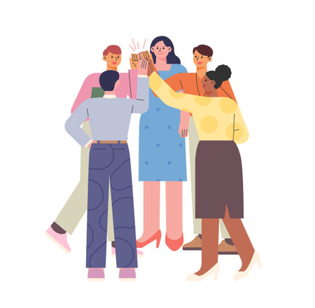 Business people in the office are gathering and high-five. flat design style vector illustration.のイラスト素材