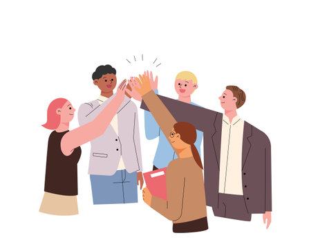 Business people gather and high-five. flat design style vector illustration.のイラスト素材
