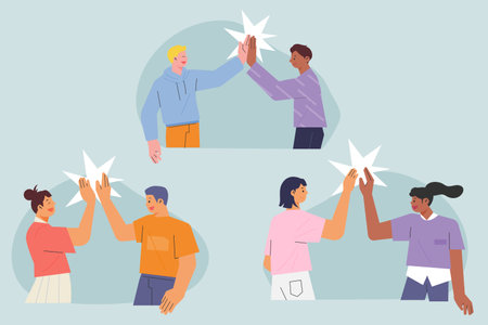 Friends meet and support each other by clapping their palms. flat design style vector illustration.のイラスト素材