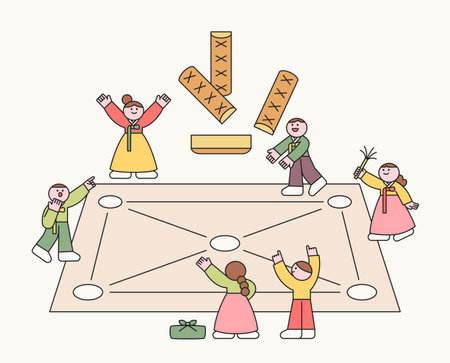 Cute children in traditional Korean costumes are playing Korean traditional games. flat design style vector illustration.のイラスト素材