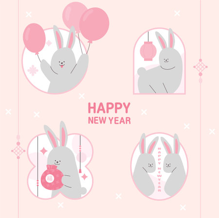 2023 Gray Rabbit. Cute rabbits are celebrating the new year. flat design style vector illustration.のイラスト素材