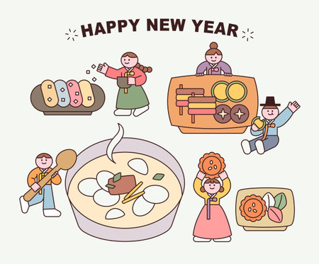 Cute characters in Korean traditional costumes are eating huge traditional Korean food. flat design style vector illustration.のイラスト素材
