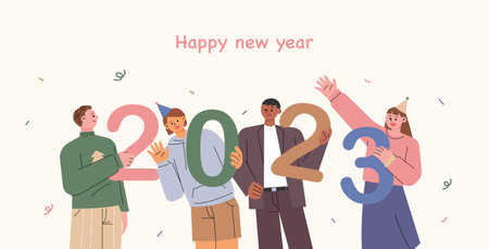 Friends are gathering and celebrating the new year with the number 2023 in their hands.のイラスト素材