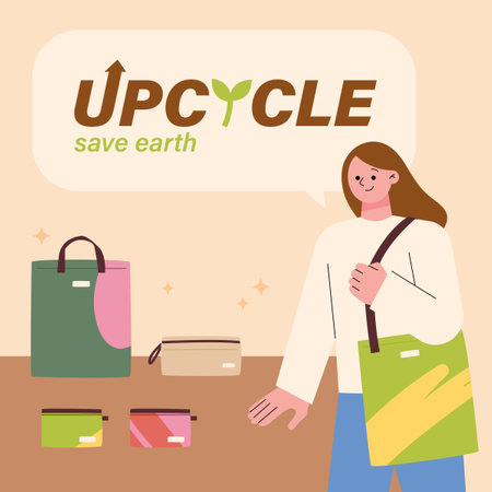 environmental protection banner. People who buy upcycled products.のイラスト素材