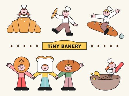 Bread and cute baker characters. It's riding on a huge loaf of bread. He has a bread face and is waving his hand.のイラスト素材