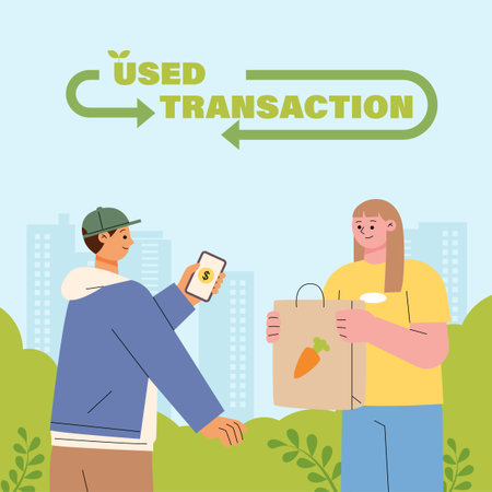 environmental protection banner. People are making purchases using second-hand goods store apps.のイラスト素材