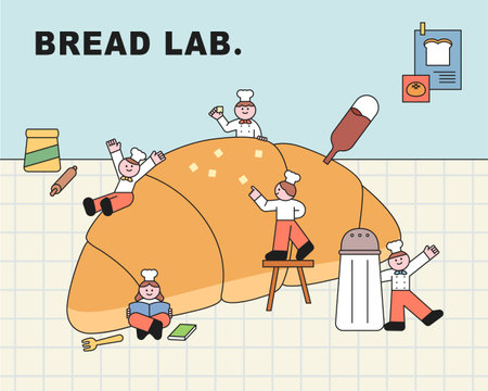 Cute chefs are making huge bread.のイラスト素材