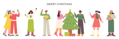 A lot of people are gathering and having a Christmas party. flat design style vector illustration.のイラスト素材