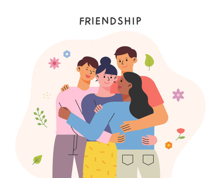 Friends hug a friend and comfort them warmly. flat design style vector illustration.のイラスト素材