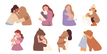 People are hugging the animals warmly. flat design style vector illustration.のイラスト素材