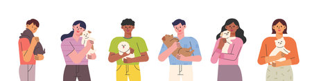 People are hugging small and cute pets. flat design style vector illustration.のイラスト素材