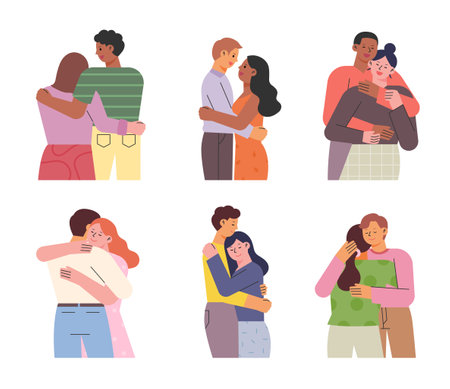 People hugging each other warmly. flat design style vector illustration.のイラスト素材