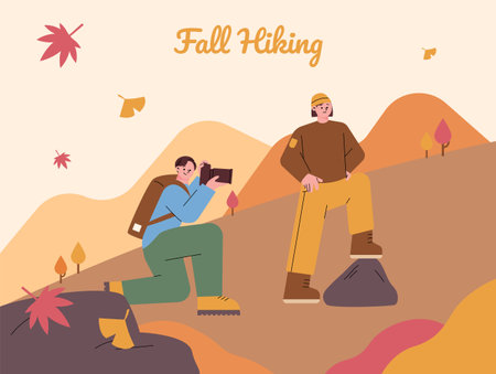 Two hikers are taking a commemorative photo in the autumn mountains. Autumn mountain background with flying brown and red leaves.のイラスト素材