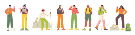 Collection of hiker characters in mountaineering clothes. flat vector illustration.のイラスト素材