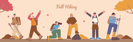 People in mountaineering clothes are enjoying autumn climbing. Hiking trail background.のイラスト素材