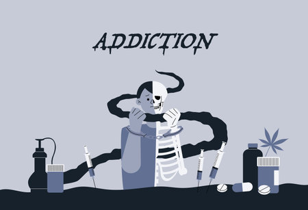 A man is surrounded by drugs. Black smoke wrapped around the man's neck. Half of a man is made of a skeleton.のイラスト素材