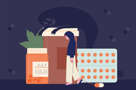 A man in drug shackles is walking depressed. There are several types of drugs in the background and the shadow of the devil is tempting you.のイラスト素材